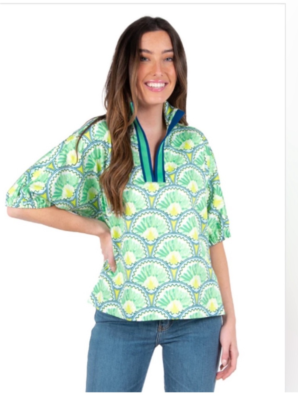 Emily McCarthy Poppy Top Green Blue Deco Palm Print Puff Sleeve Tunic Blouse S